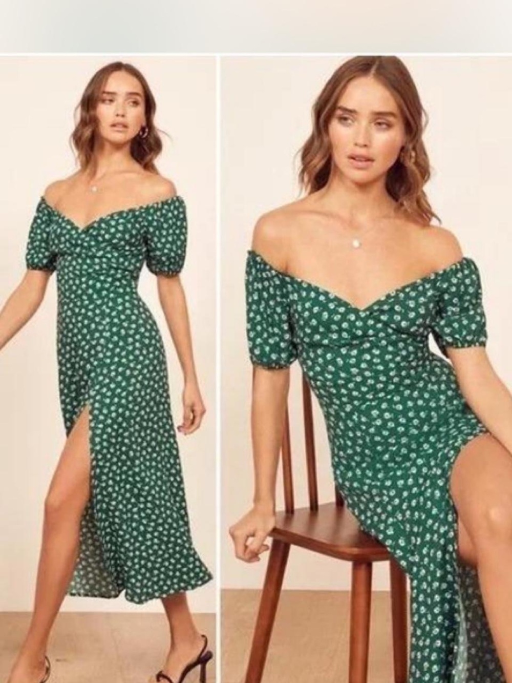Reformation Pearl Dress - Green Floral Off-Shoulder Midi Dress